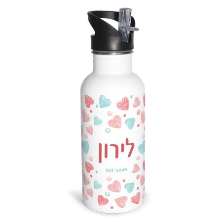 בקבוק אלומיניום לב פסטל שם
