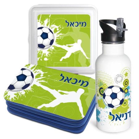 סט בקבוק נירוסטה, קופסת אוכל מרובעת וקלמר עם ציוד כדורגל