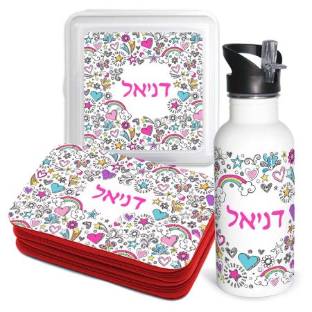 סט בקבוק נירוסטה, קופסת אוכל מרובעת וקלמר עם ציוד עולם הבנות