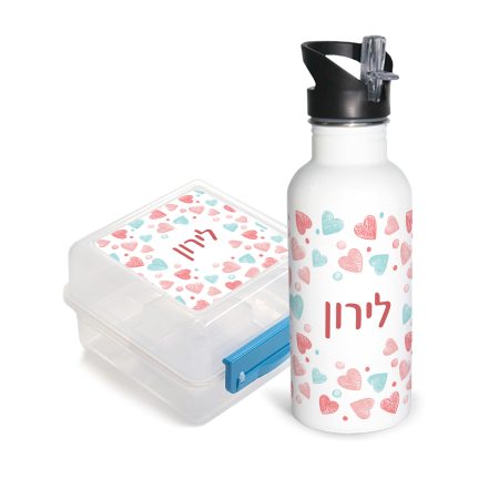 סט בקבוק אלומיניום וקופסת אוכל מרובעת לב פסטל