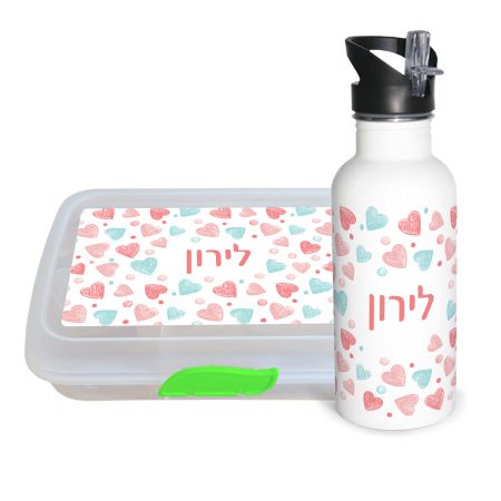 סט בקבוק אלומיניום וקופסת אוכל מלבנית לב פסטל